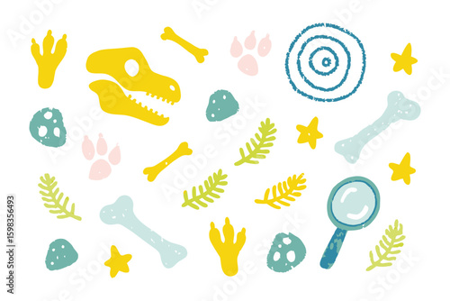 Dino Exploration Elements: A whimsical illustration of various dinosaur elements like bones, fossil, magnifier, stars and footprint for educational and decorative purposes.