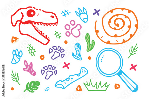 Dino World: A colorful and imaginative illustration of a dinosaur world elements with various icons, sparking a sense of adventure and wonder, inviting viewers to delve into a prehistoric realm.