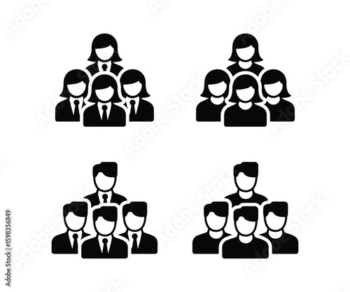 Teamwork Female and Man Icons: Diverse Business Groups, Leadership, Professional, Black Minimalist Style.