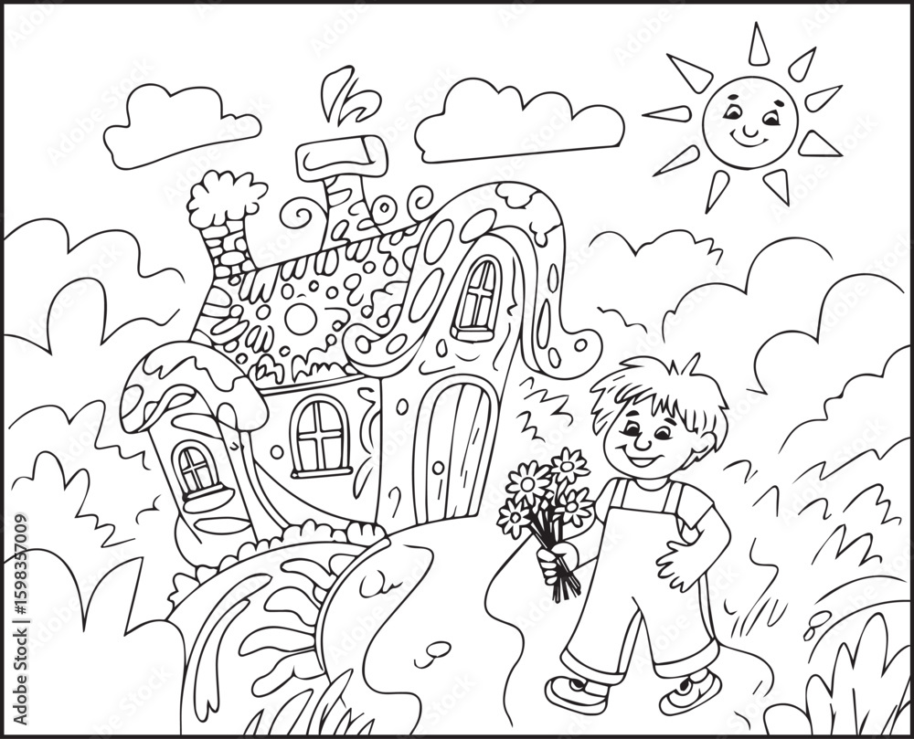 Fototapeta premium Magical dream house and a boy in front of house in nature black outline vector coloring page for kids and adults