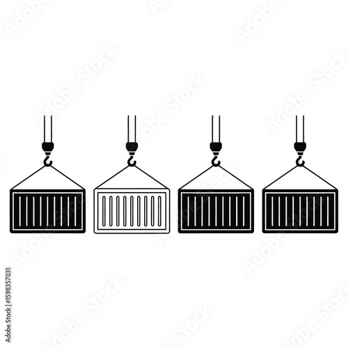 Four shipping containers suspended by cranes in a row