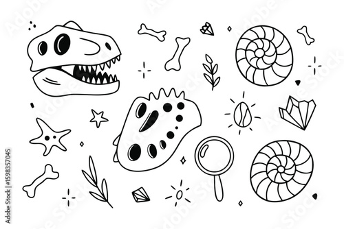 Dino-Explore Doodle: Explore the mysteries of the prehistoric era with an educational black and white doodle, perfect for those passionate about science and exploration
