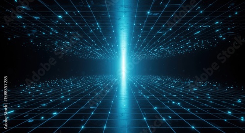 Vast digital grid illuminates with brilliant blue light extending into infinite futuristic cyber space