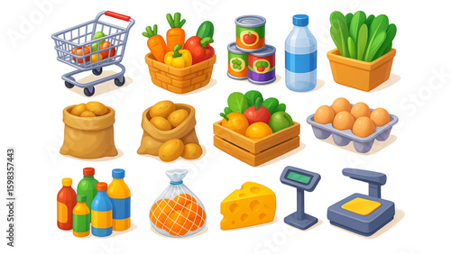 Assortment of fresh groceries and market items isolated on transparent background