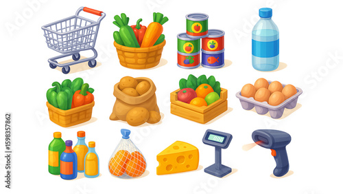 Grocery store items and shopping cart isolated on transparent background