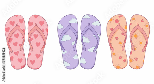 Three pairs of colorful flip-flops with different patterns, including hearts, clouds, and flowers.