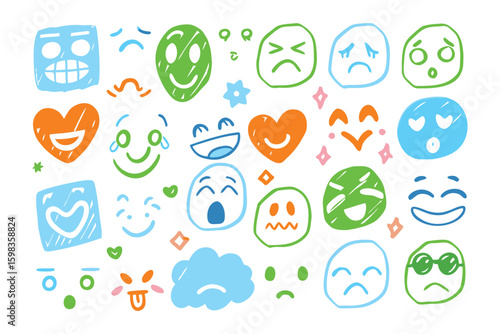 Emotional Spectrum: A vibrant display of hand-drawn emoticons capturing a spectrum of human emotions, ranging from joy and love to sadness and anger.