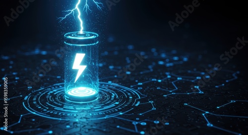 Vibrant blue energy surges from a glowing battery symbol surrounded by futuristic digital circuitry and glowing particles