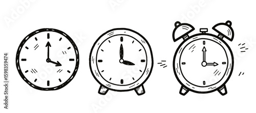 Vector illustration of clocks in chalk drawing style on transparent background  