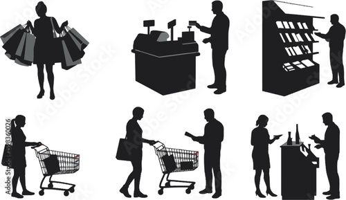 Vector art of silhouettes of people shopping in various retail settings, including browsing shelves and checking out at the counter isolated on white background