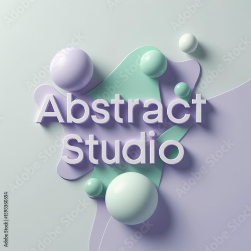 Composition featuring spheres and pastel shapes with the words abstract studio in white lettering displayed