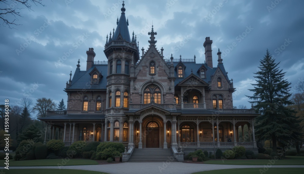 Obraz premium Majestic Victorian Mansion at Dusk with Elegant Architecture and Gardens