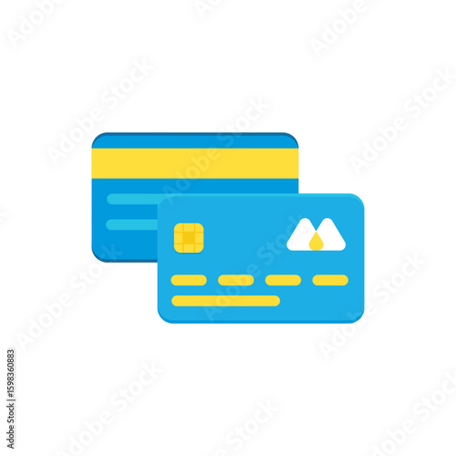 Two blue and yellow credit cards with chip and logo