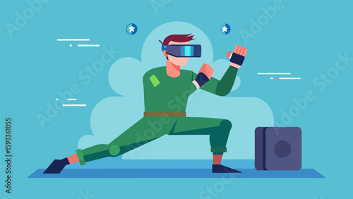 A ed soldier using VR to regain strength and dexterity engaging in virtual martial arts training to aid in physical rehabilitation.. Vector illustration