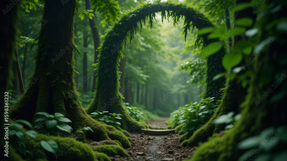 Fototapeta premium Mystical Forest Archway: Lush Mossy Trees & Path in Enchanted Woods