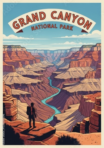Grand canyon national park travel poster with canyon landscape and tourists in sunshine illustration. Vintage journey concept.