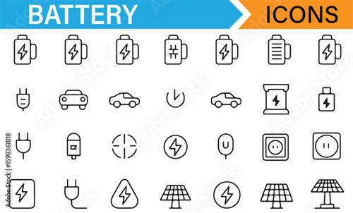 Set of battery icons featuring electric vehicles, power, and charging symbols