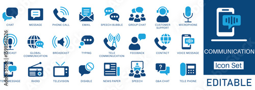 Communication icon set. Including chat, message, email, phone call, support, microphone, conversation, and more. Perfect for websites, apps, presentations, and professional communication design.