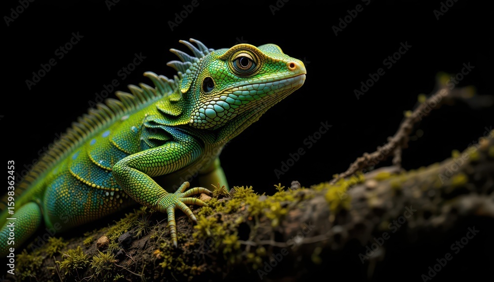 Fototapeta premium Vibrant Green Lizard on Mossy Branch in Dark Natural Environment