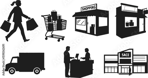 Vector art of silhouettes of shopping activities and retail buildings, isolated on white background, depicting various aspects of the shopping experience