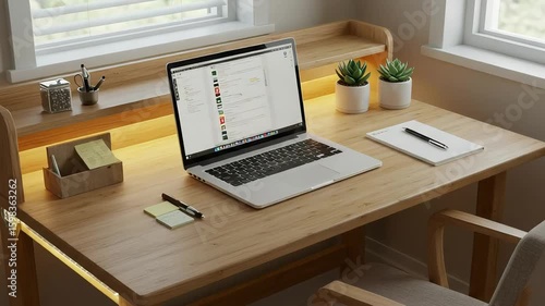 Wallpaper Mural Cozy Workspace: A bright workspace with a laptop, stationary, and plants creating an ideal environment for focused work, capturing the blend of efficiency and comfort. Torontodigital.ca