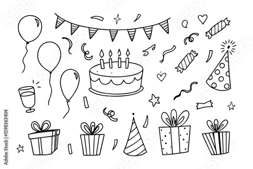 Celebration Sketch: Festive hand-drawn elements compose a birthday celebration, ideal for adding a touch of playfulness and joy to any design.