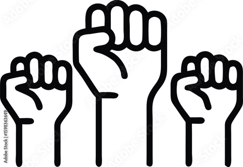 Vector art of three clenched fists raised in the air, symbolizing power, protest, and unity
