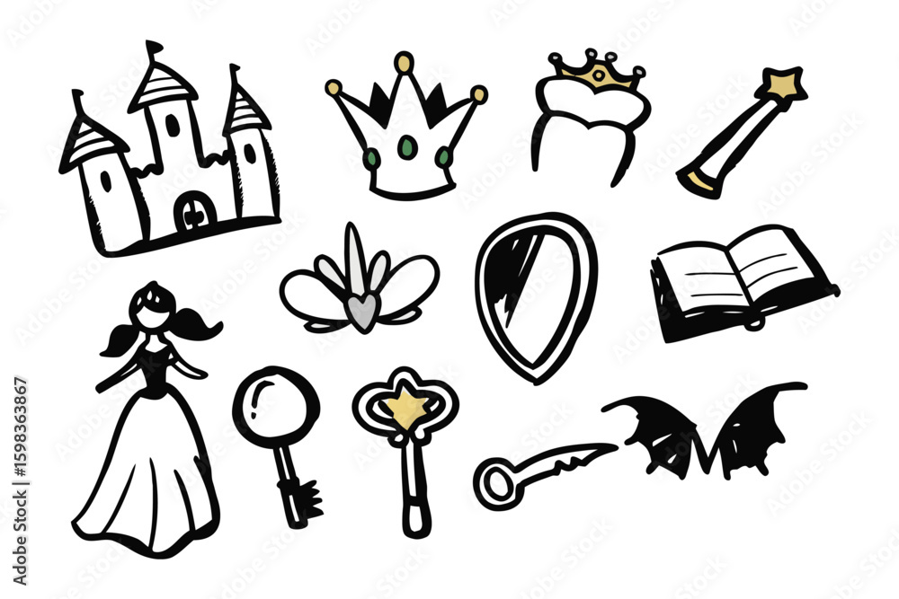 Obraz premium Magical Collection: A charming illustrated collection of princess-themed elements, from a majestic castle to a sparkling magic wand, symbolizing dreams.