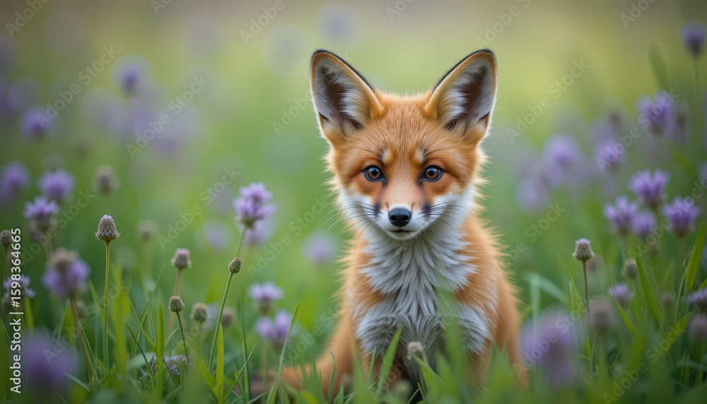 Obraz premium Young Fox Standing in Blooming Meadow Surrounded by Wildflowers