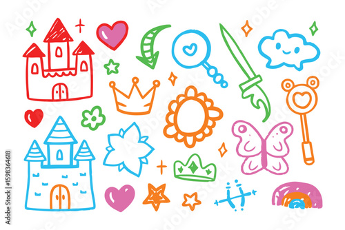 Enchanting Doodle Kingdom: Whimsical doodles depicting a colorful castle, charming crown, and magical elements, embodying the sweet world of fantasy. 