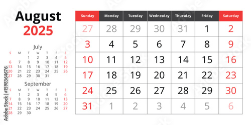 2025 august calendar. Vector English monthly. Design Sunday start
