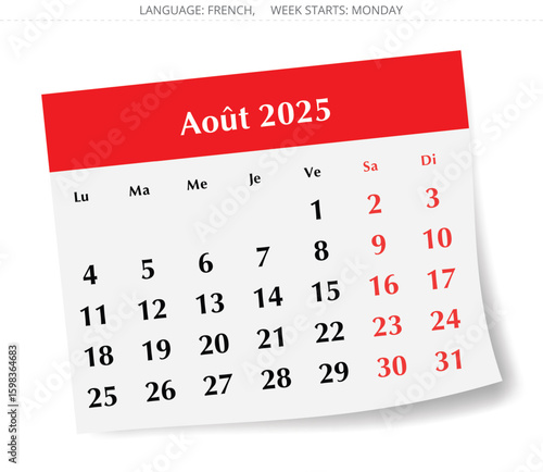 French calendar for august 2025. Vector illustration of month page for France