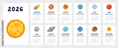 Lovely universe calendar template for 2026 year with cartoon clipart of planets of Solar System. Calendar grid with weeks starts on Monday for kids nursery. Vertical space monthly calender layout.