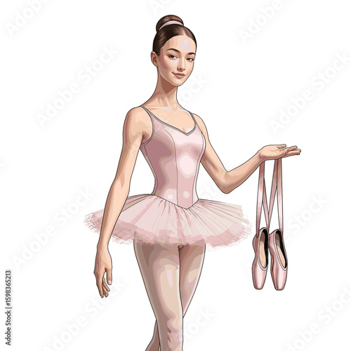 Ballerina in pink tutu holding pointe shoes