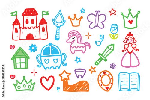 Cartoon princess-themed illustration: Whimsical illustration featuring castle, crown, princess and other objects for the enjoyment of children