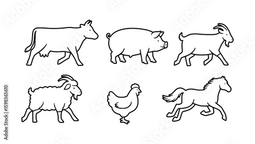 Farm animals in line-art style, showcasing a variety of domestic creatures
