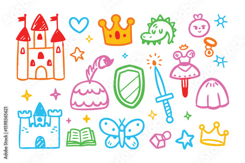 Whimsical Kingdom Collection: A colorful assortment of whimsical hand-drawn illustrations evokes fairy tales and fantasies. Featuring a charming castle, crown, dragon, and heart.