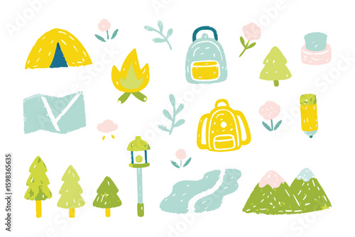 Camping illustration: Embrace the serenity of the outdoors with a vibrant illustrated collection featuring tents, backpacks, and scenic elements