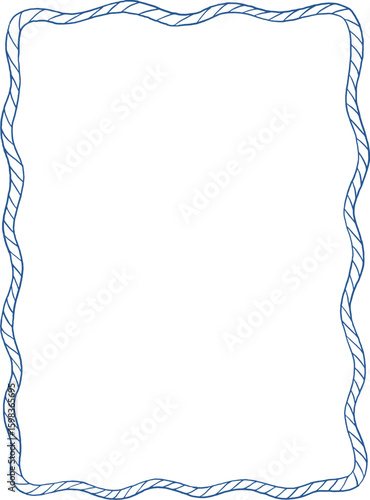 Blue whimsical line art wavy rope frame. Rectangular decorative rope sea summer border in wavy, whimsy, Mediterranean, coastal style. Coquette summer design in trendy fishermancore