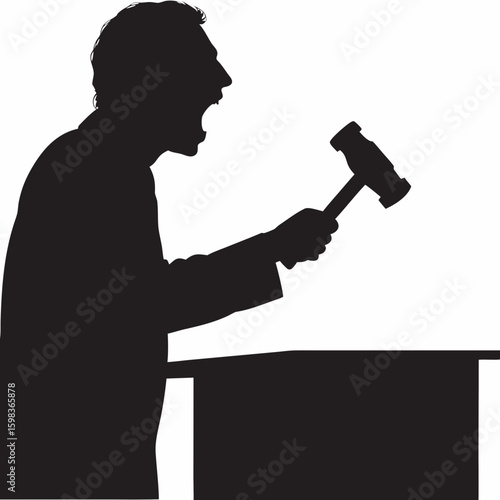 Court judge silhouetted yelling with a gavel striking down justice