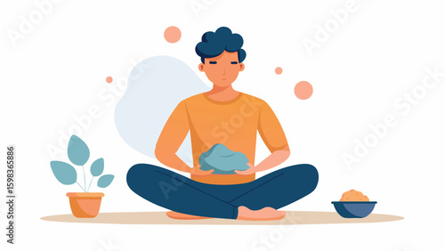 A man sits crosslegged on the floor his hands expertly molding a lump of clay into intricate designs each movement providing a sense of calm and. Vector illustration