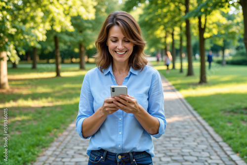 Fototapeta Naklejka Na Ścianę i Meble -  A smiling woman in casual attire gazes at her smartphone while strolling along a tree-lined path in a park.
