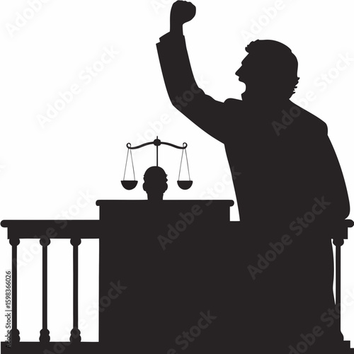 Judge silhouetted pronouncing verdict in courtroom with scales of justice
