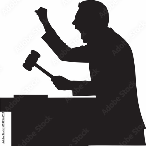 Judge delivering a verdict with a raised fist and gavel silhouette