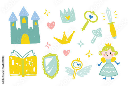 Cartoon Princess Elements: Whimsical cartoon illustrations, including a castle, crowns, keys, a sword, an open book, a mirror, a princess, and sparkling stars.