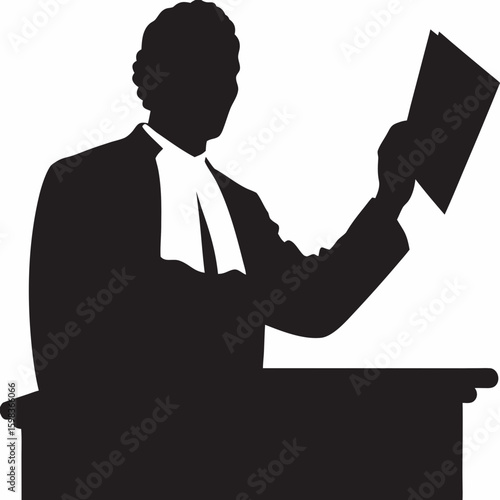 Silhouette of a judge presenting documents on white background