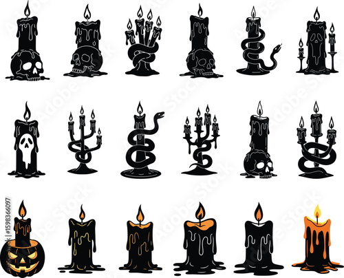 Halloween Black Candle Icon Set with Skulls, Snakes, Jack-o'-Lanterns and Dripping Wax in Spooky Horror Style Vector Illustration .