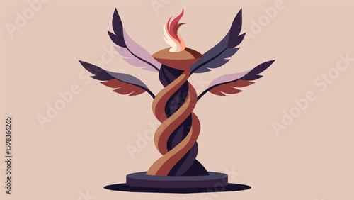 An abstract sculpture made of twisted branches and feathers representing the dreamers inner conflicts.. Vector illustration