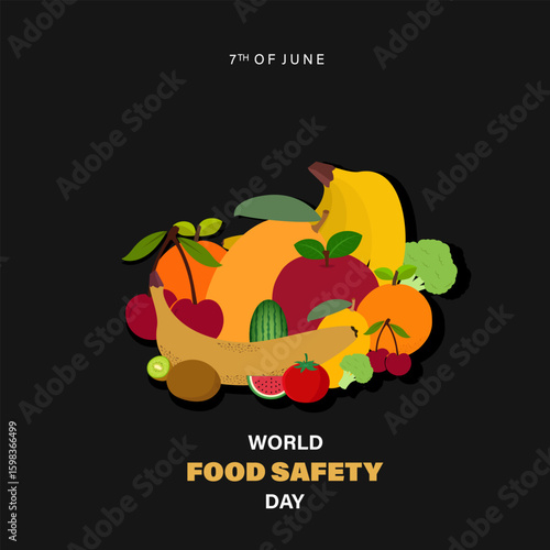 World Food Safety Day vector with fruits, vegetables, dark background, promoting healthy eating, food protection, and global nutrition awareness on June 7.