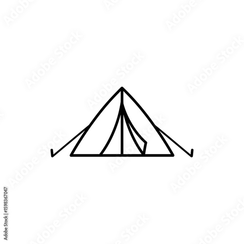 Minimalist black line icon of a lightweight tent with two poles and open door flap